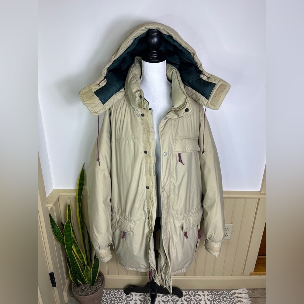 Vintage EMS Goose Down Parka XXL Hooded Beige Green Y2K Ski Winter Outerwear